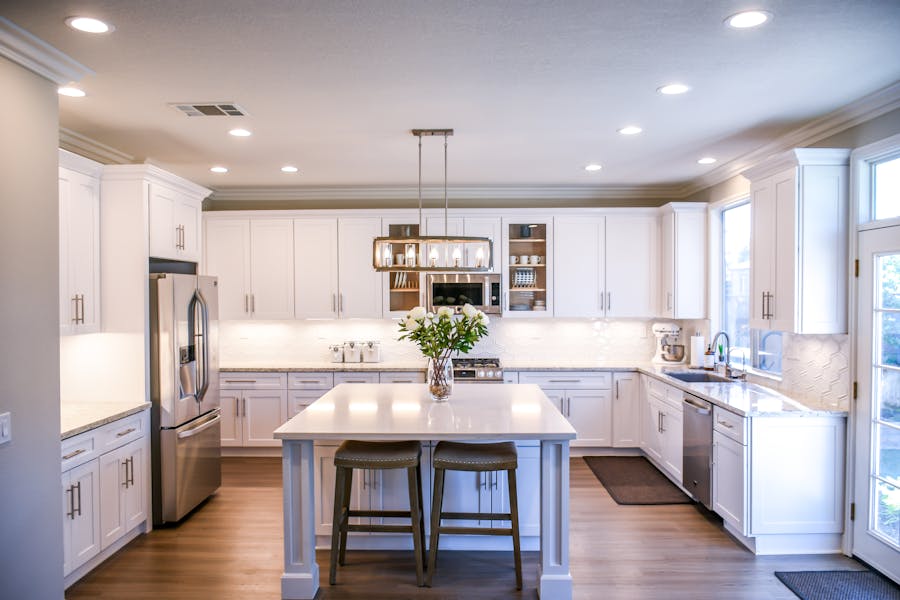 Kitchen island, stools, and small appliances